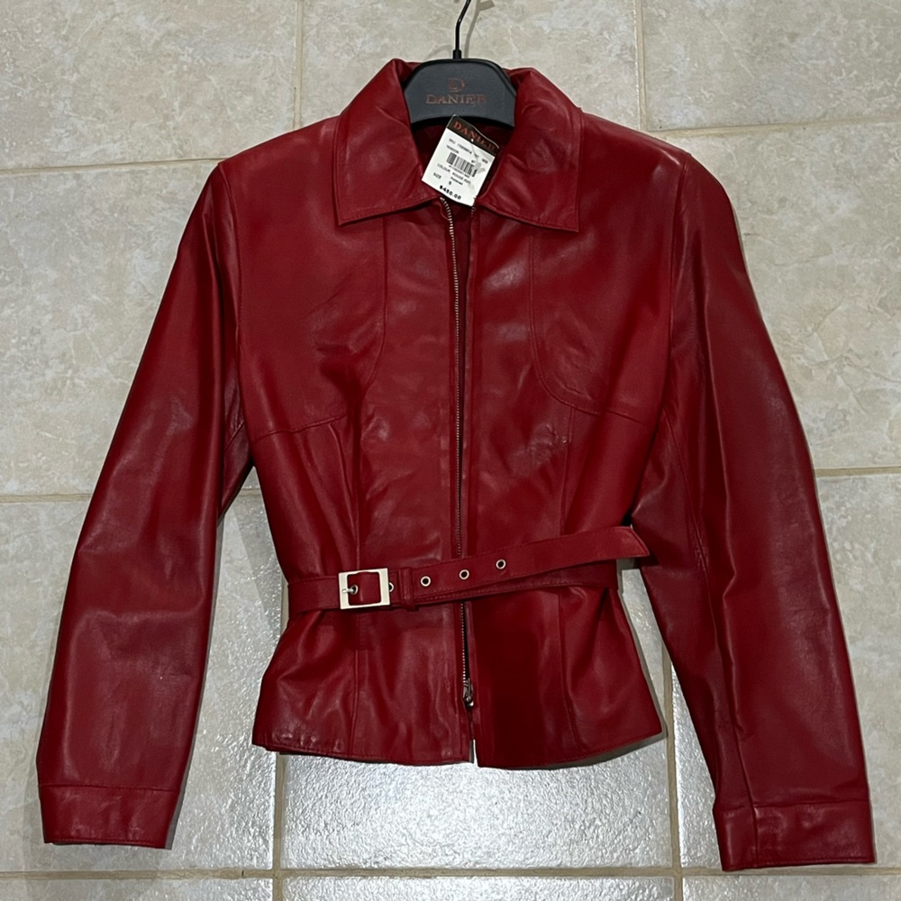 Cropped Red Leather Moto Jacket